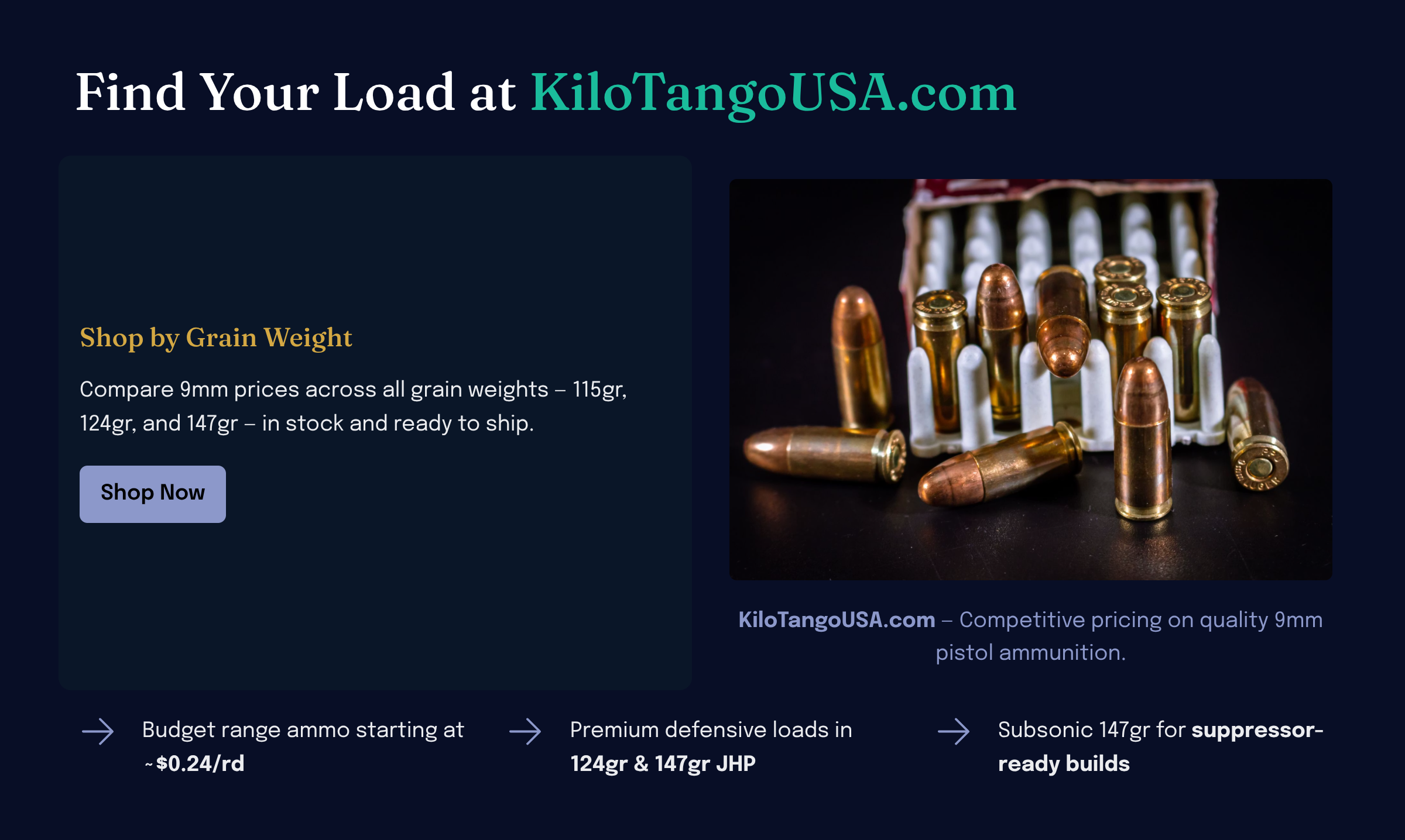 Compare 9mm prices by grain weight at KiloTangoUSA.com