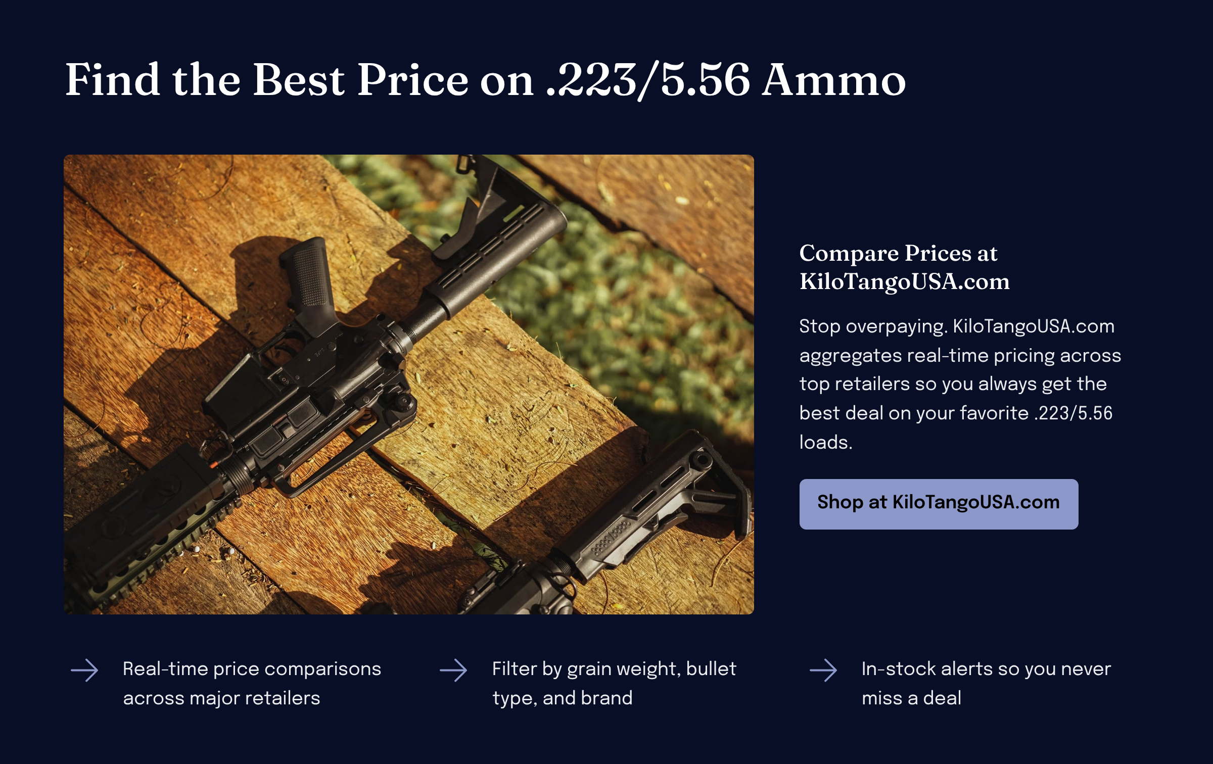 Compare .223 and 5.56 ammo prices at KiloTangoUSA.com