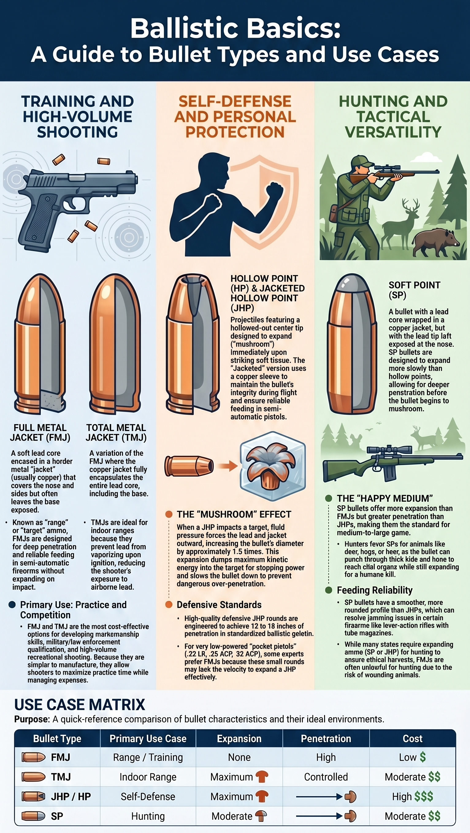 Bullet Types and Use Cases infographic — complete visual reference guide to ammunition types including FMJ, JHP, JSP, HP, TMJ, and specialty rounds with use-case breakdowns for self-defense, range training, and hunting