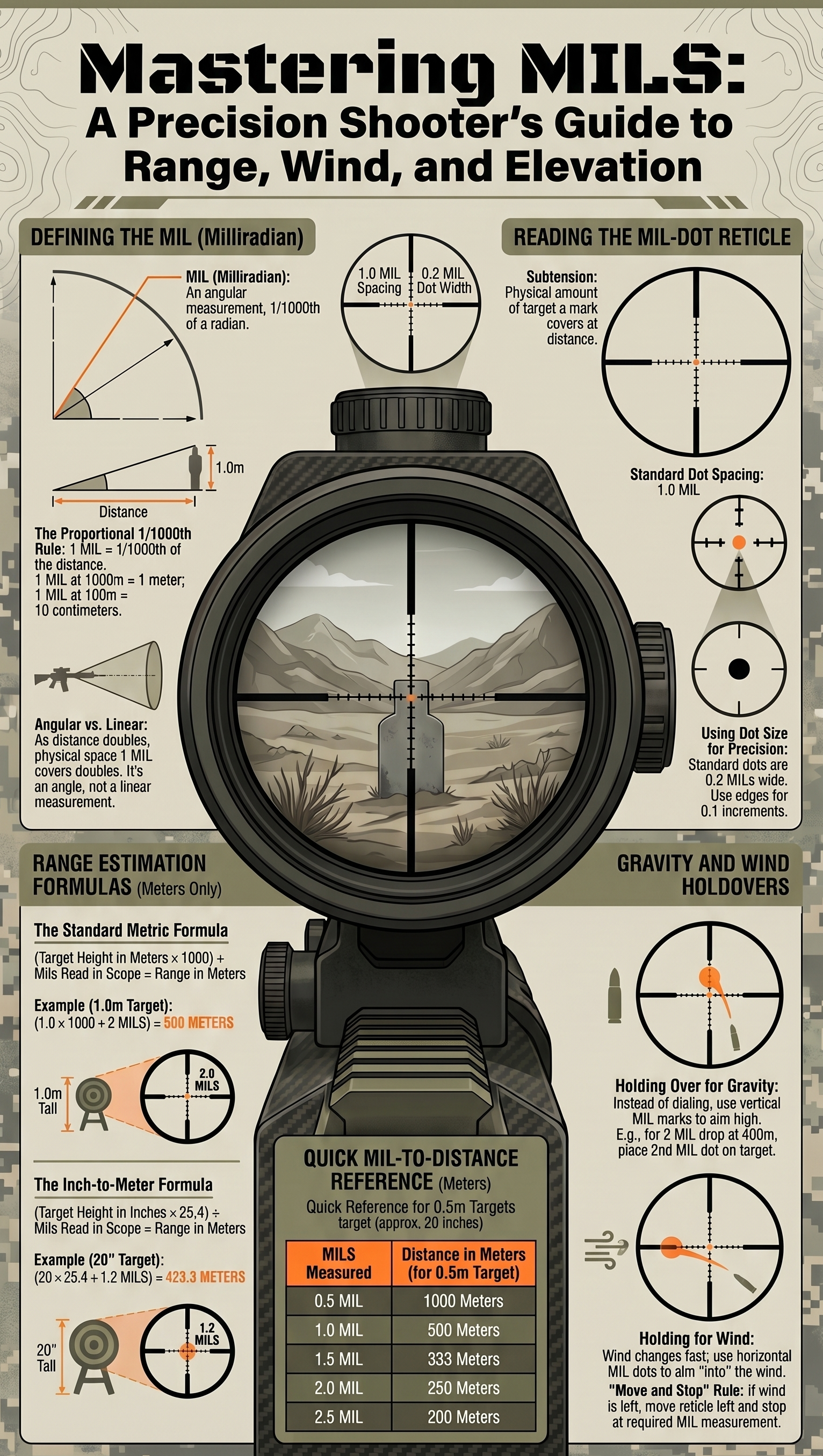 Mastering Mils infographic — complete visual guide to milliradians including the mil-dot reticle diagram, range estimation formulas, FFP vs SFP focal plane comparison, elk cheat sheet table, and ballistic compensation for gravity and wind