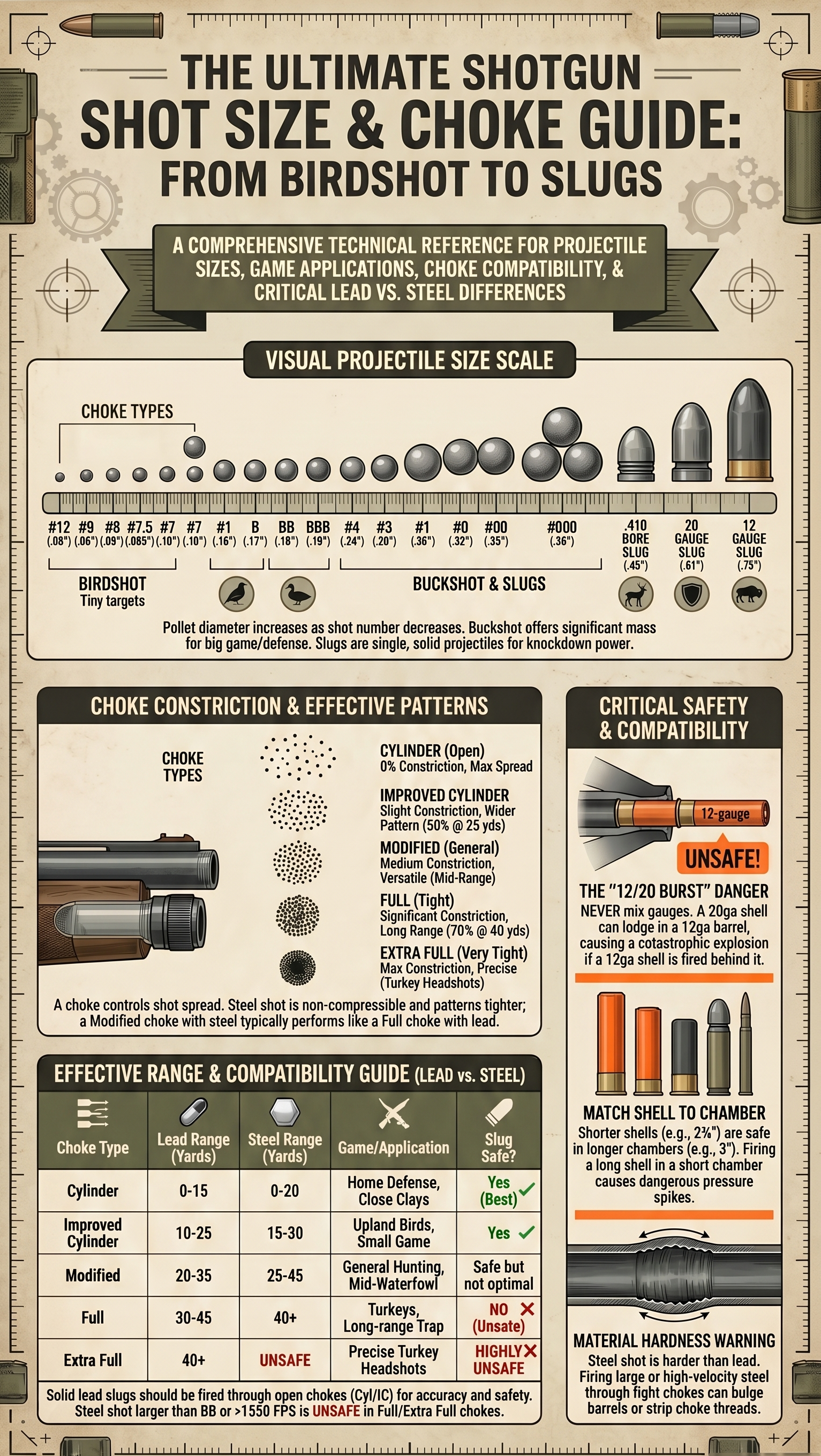 Shotgun Shot and Choke Guide — infographic showing shot size chart, choke selection, and range recommendations for birdshot, buckshot, and slugs